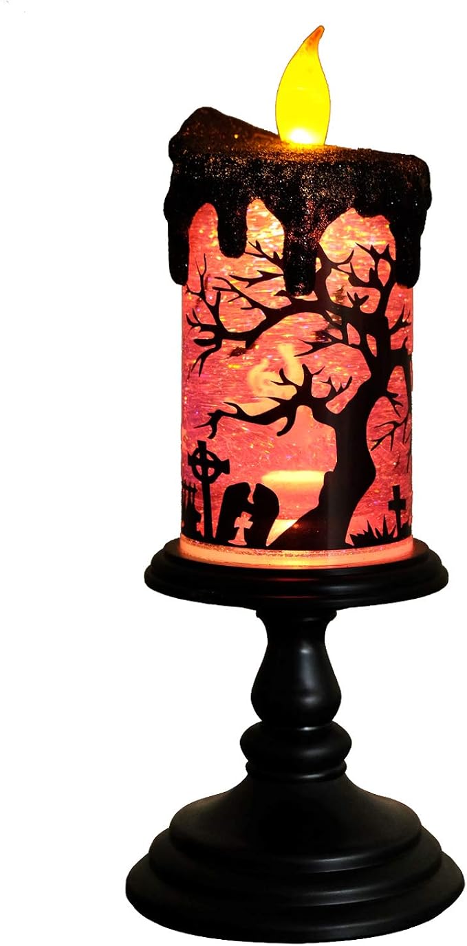 Halloween Snow Globe Candle | Spinning Glitter Flameless Candle with Timer