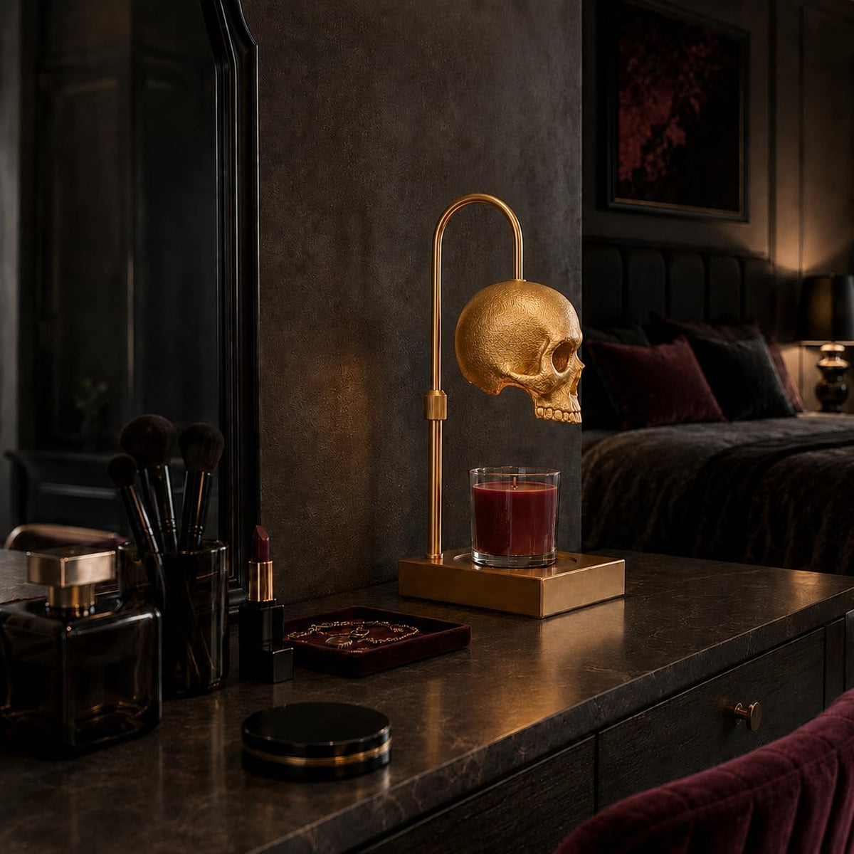 Golden Skull Candle Warmer Lamp with Timer & Dimmer – Gothic Decor