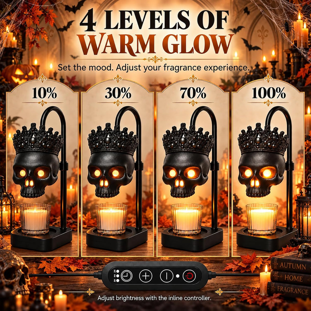Gothic Crowned Skull Candle Warmer Lamp with Timer & Dimmer