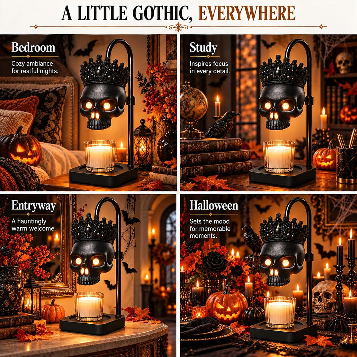 Gothic Crowned Skull Candle Warmer Lamp with Timer & Dimmer