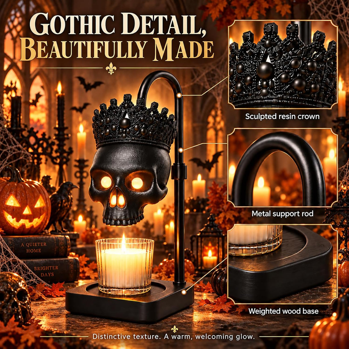 Gothic Crowned Skull Candle Warmer Lamp with Timer & Dimmer