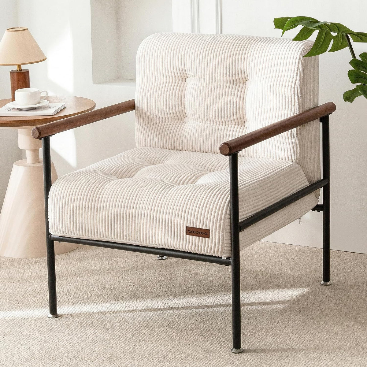 Tufted Accent Chair for Living Room | Modern Armchair with Wood Armrests