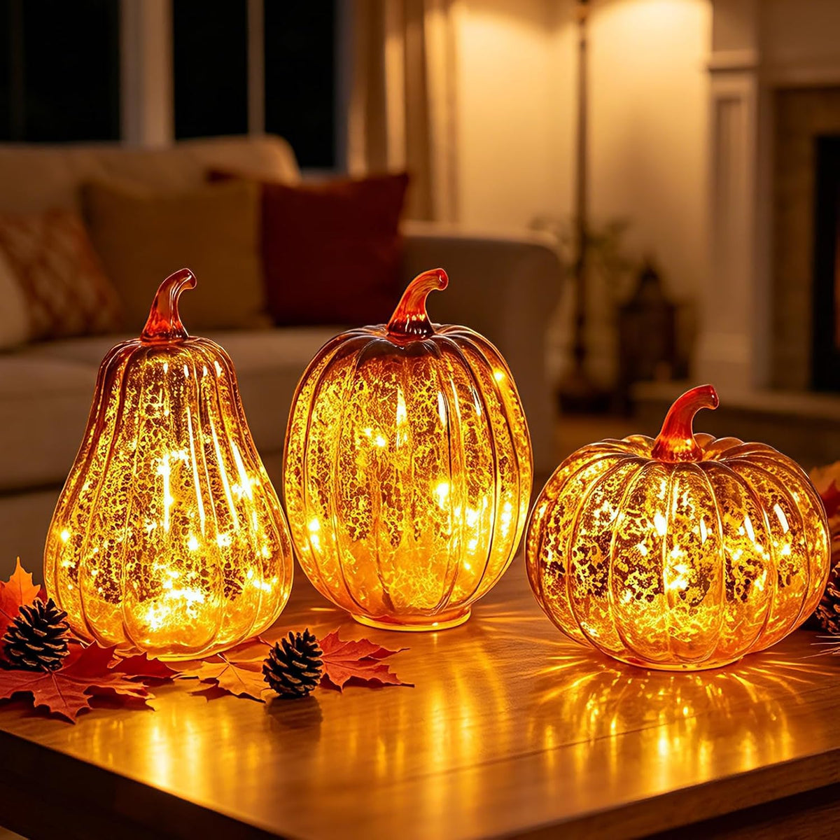 Set of 3 Lighted Mercury Glass Pumpkins – LED Fall & Thanksgiving Decor