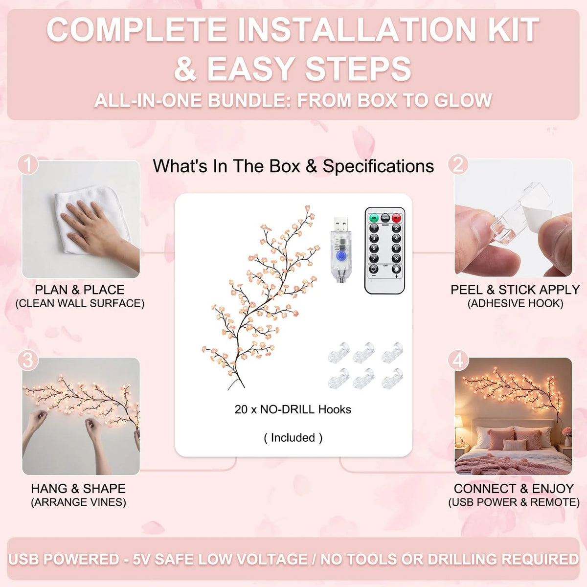 Cherry Blossom Branch Lights 72 LED | Pink Vine String Lights with Remote