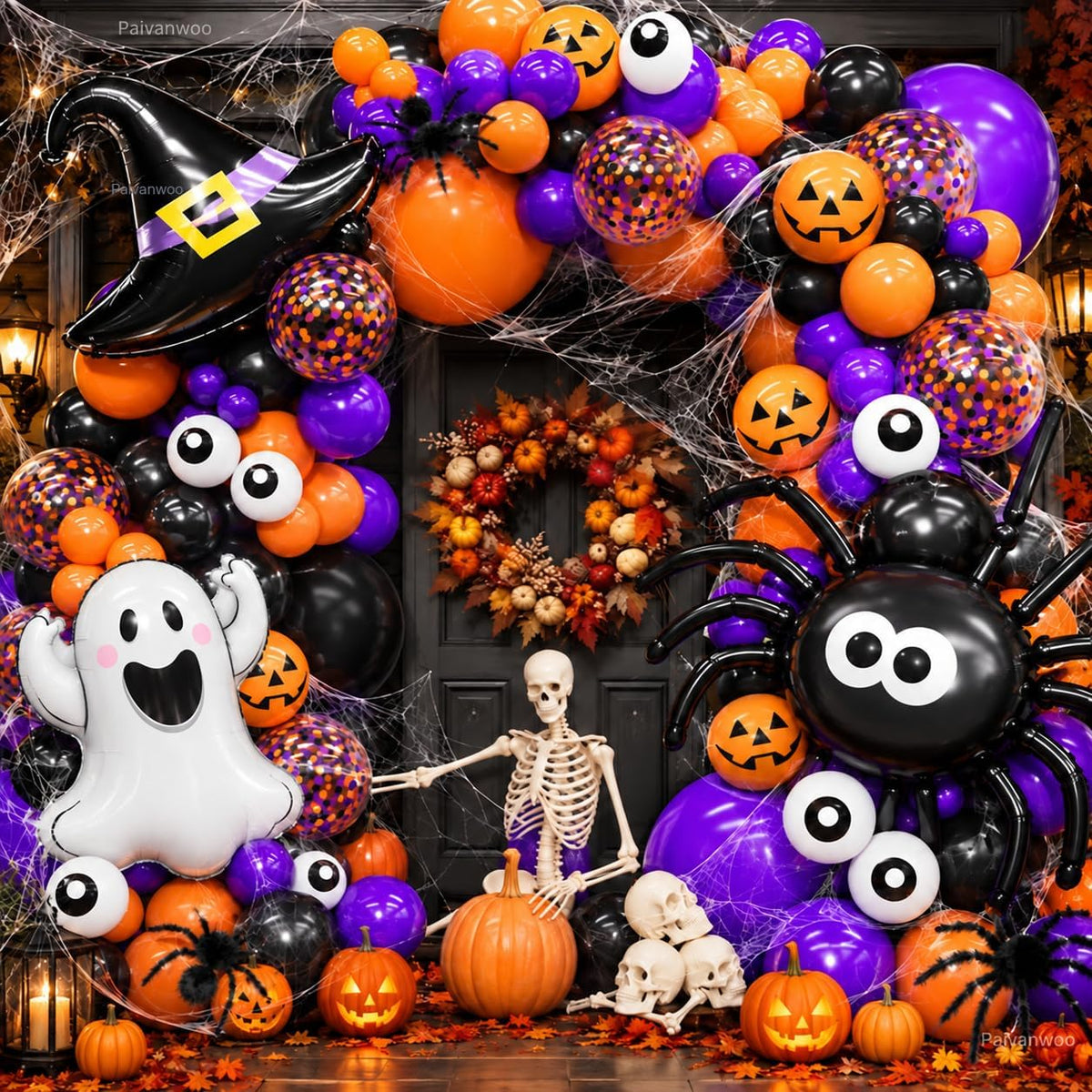 156pc Halloween balloon arch kit with spider webs and themed balloons