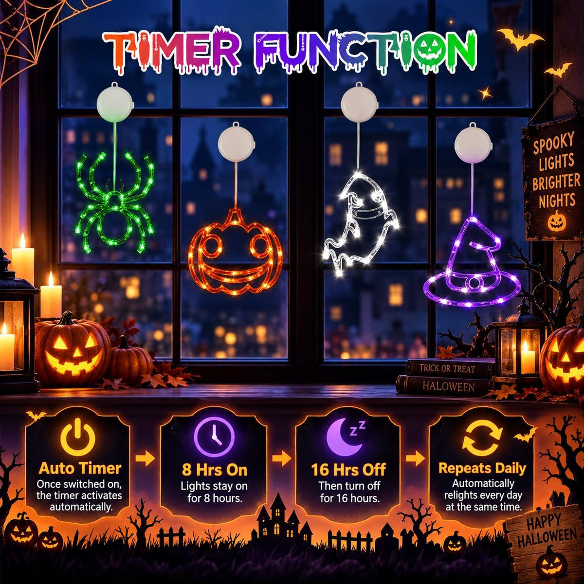 Halloween Window Lights 4 Pack | Pumpkin Ghost Spider Witch Hat with Timer