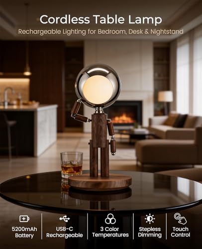Cordless Moon Table Lamp | Rechargeable Wooden Desk Lamp, Dimmable 3 Color Temps