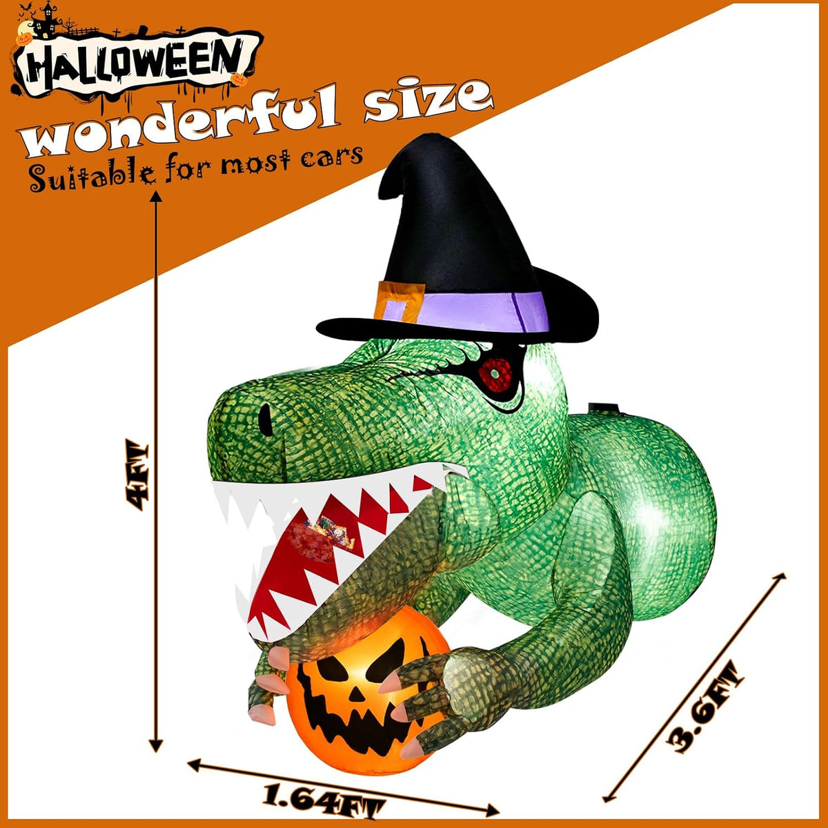 Halloween Inflatable Dinosaur 4FT | Trunk or Treat Car Decoration with Moving Mouth