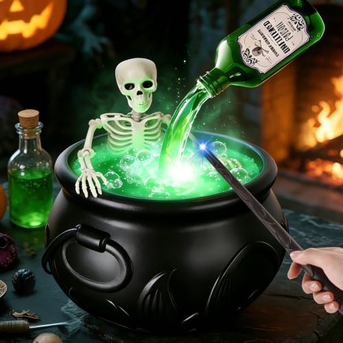 Halloween witch cauldron with green mist and floating potion bottle