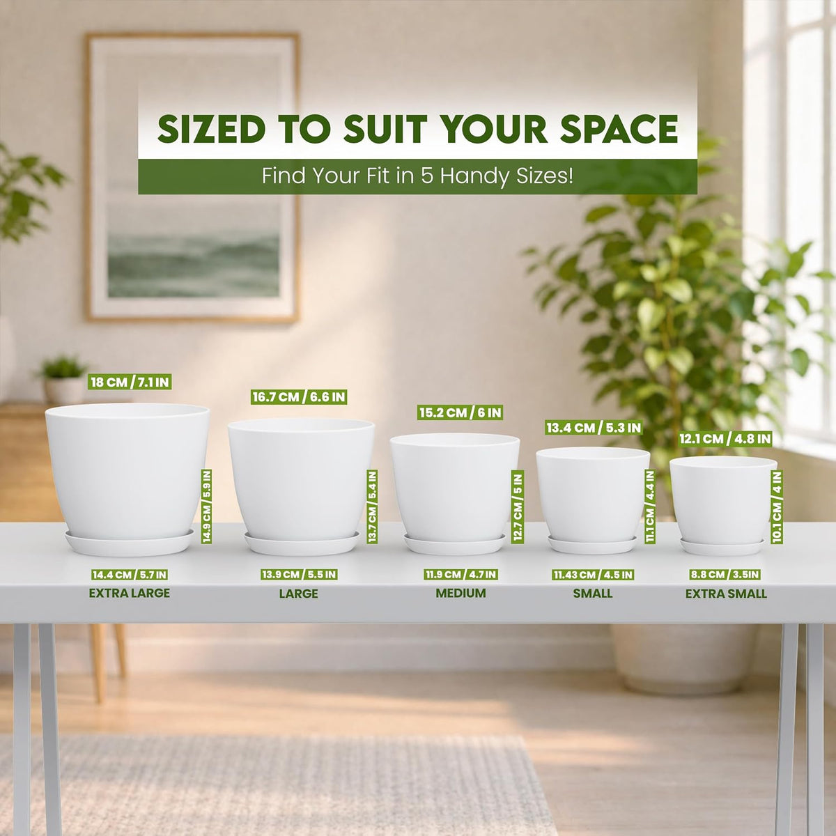 Set of 5 Indoor Plant Pots with Drainage & Saucers – 4.8" to 7"