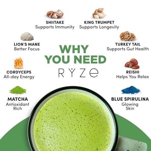 RYZE Mushroom Matcha | 30 Servings, 6 Adaptogenic Mushrooms with L-Theanine