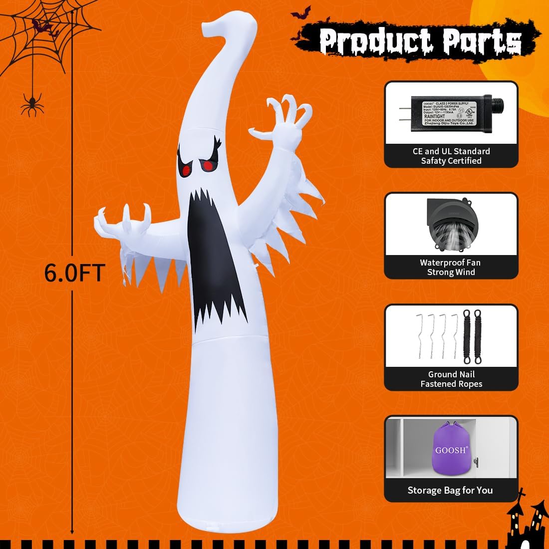 Halloween Inflatable Ghost 6FT / 12FT | Outdoor Yard Decoration with Colorful LEDs & Red Eyes