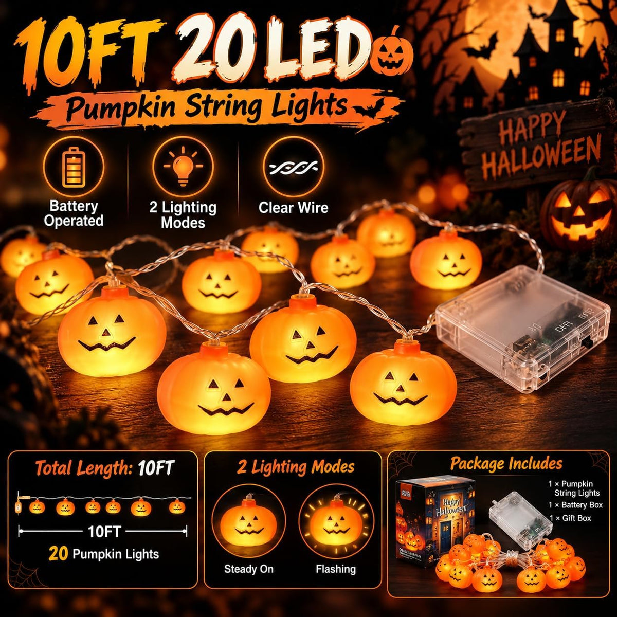 Halloween Pumpkin String Lights – 20 LED, 10FT, Battery Operated
