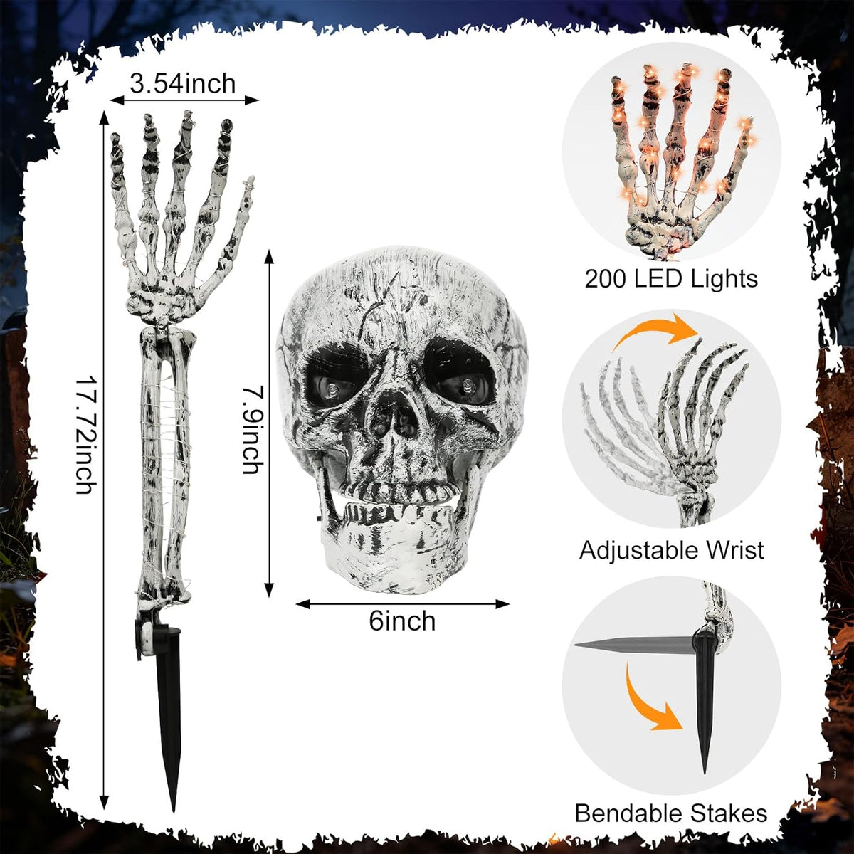 Light-Up Skeleton Yard Stakes – 5pc Set with Skull & Hands, 8 Lighting Modes
