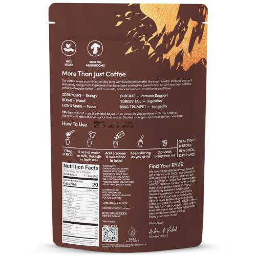 RYZE Mushroom Coffee Medium Roast | 30 Servings, 6 Adaptogenic Mushrooms, 48mg Caffeine