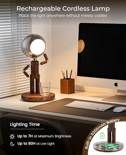 Cordless Moon Table Lamp | Rechargeable Wooden Desk Lamp, Dimmable 3 Color Temps
