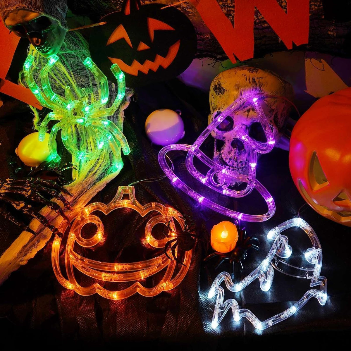 Halloween Window Lights 4 Pack | Pumpkin Ghost Spider Witch Hat with Timer