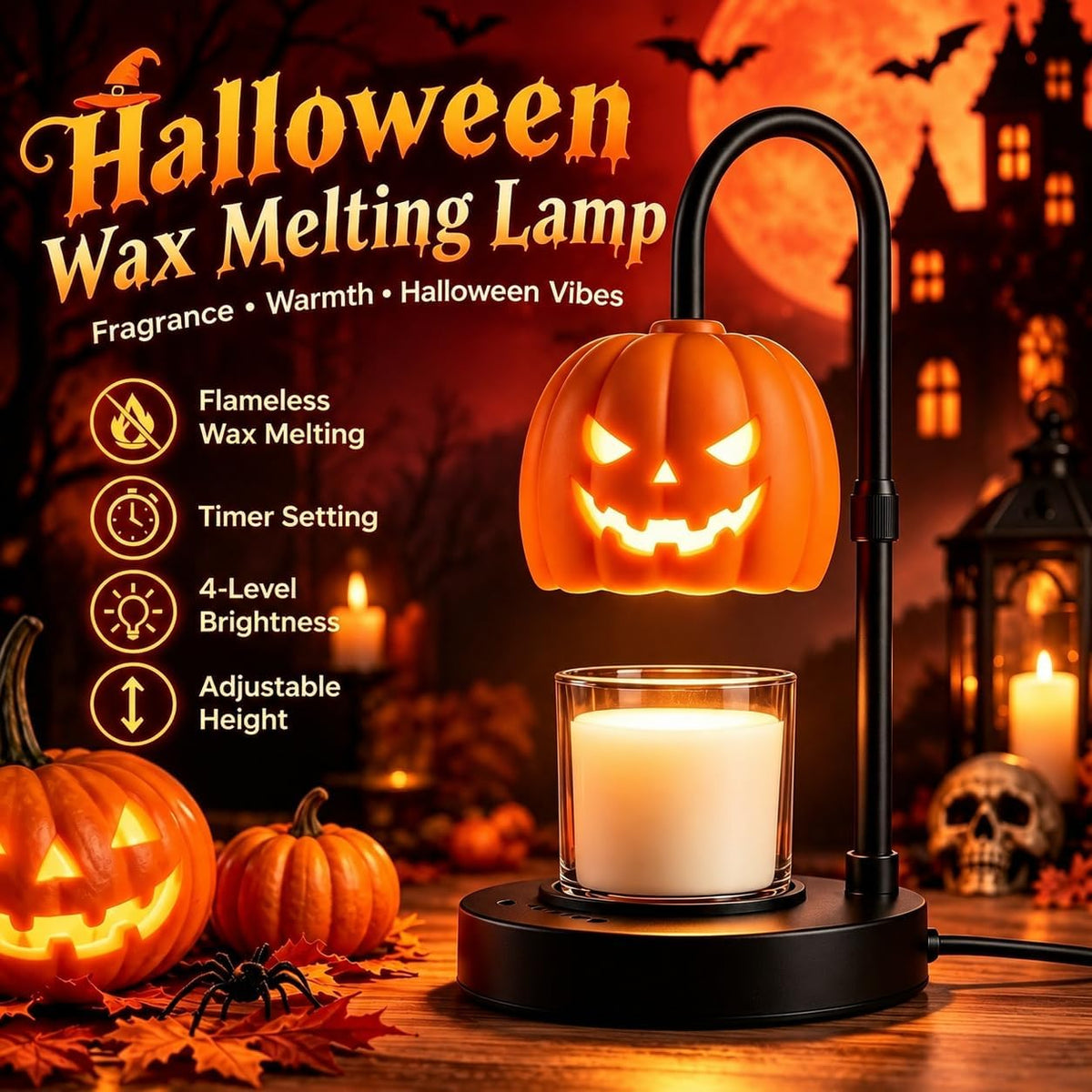 Pumpkin Candle Warmer Lamp with Timer & Dimmer – Gothic Halloween Decor