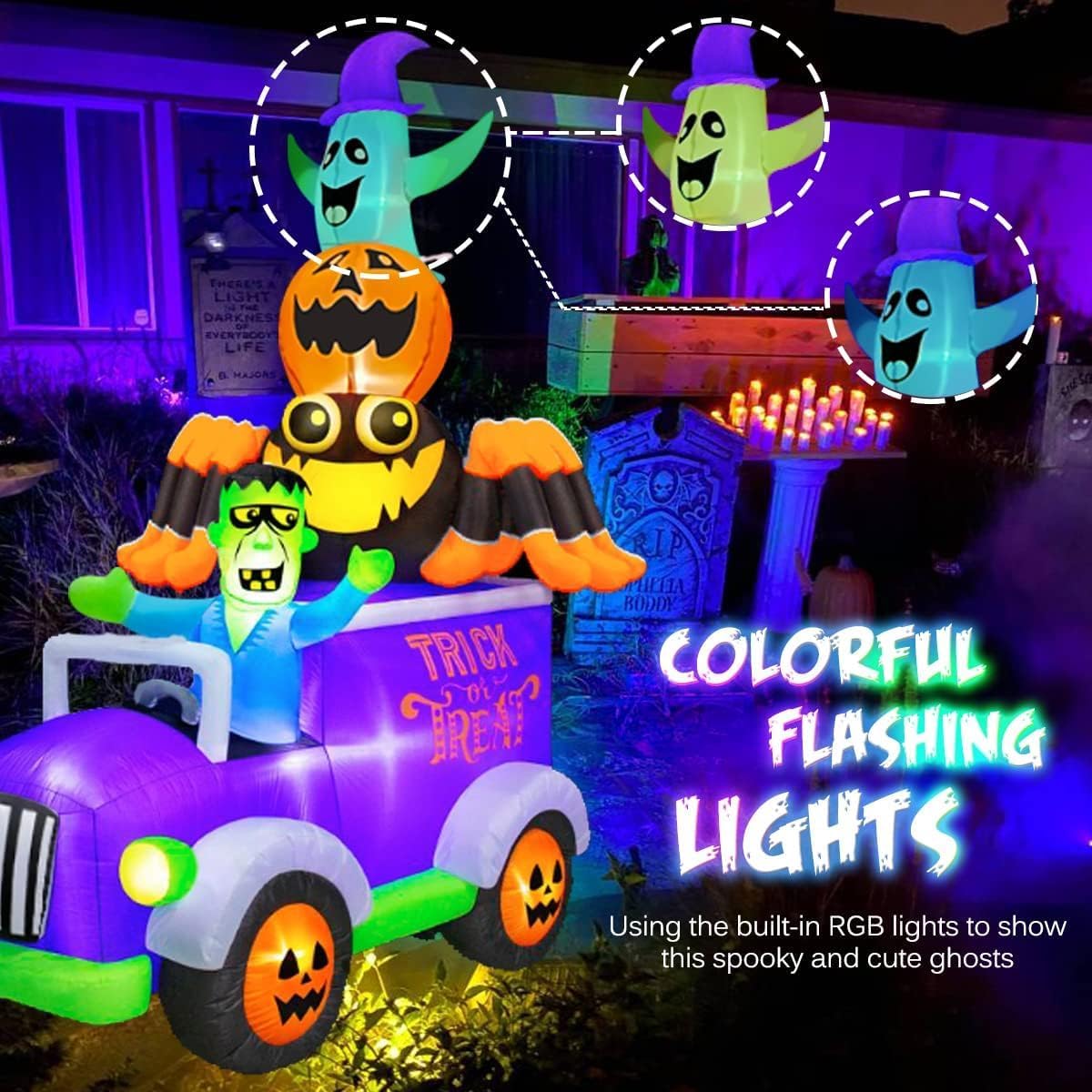Halloween Inflatable Frankenstein in Car | 8FT Outdoor Yard Decoration with Lights