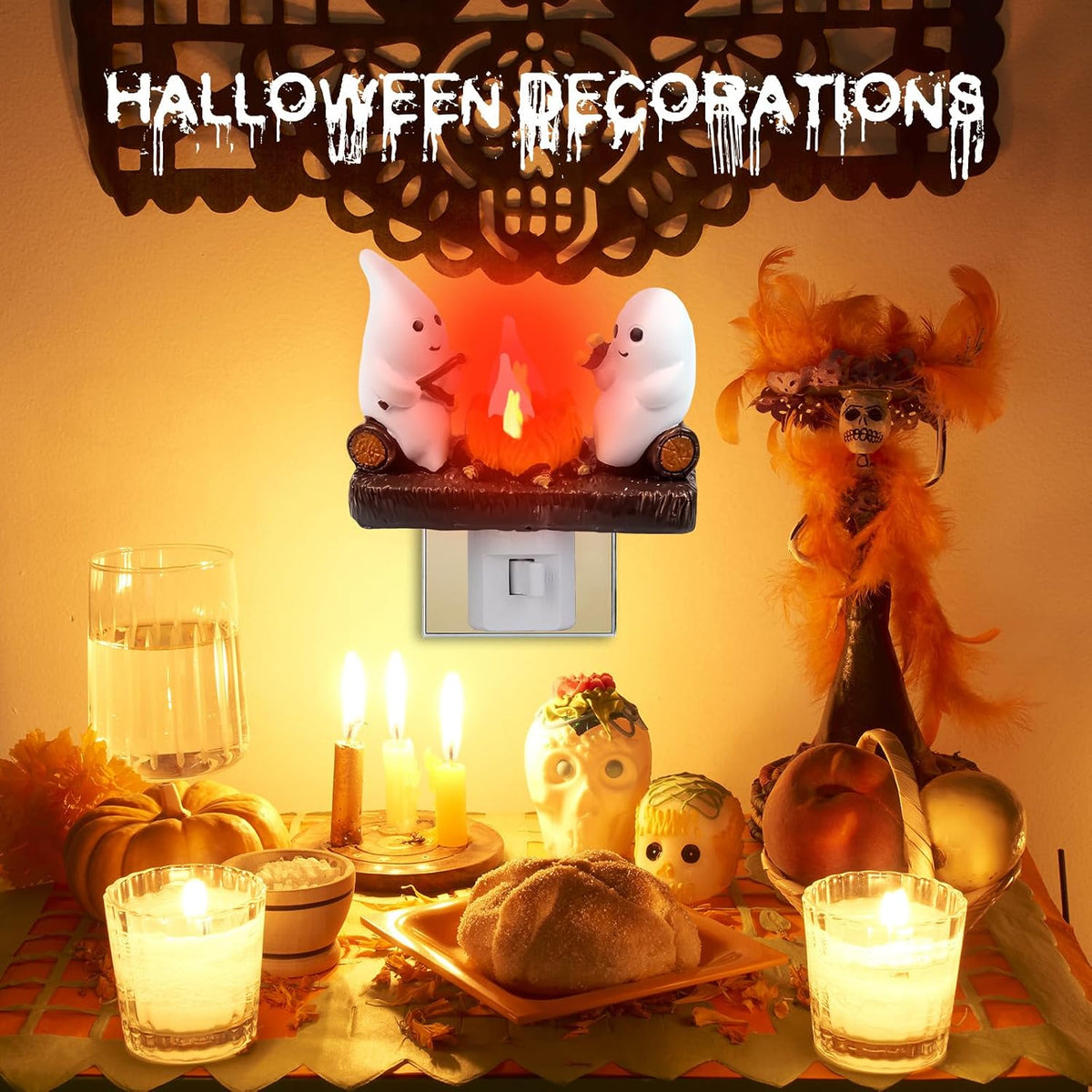 Ghost Campfire Night Light | Flickering Halloween Figurine Lamp, Plug-In