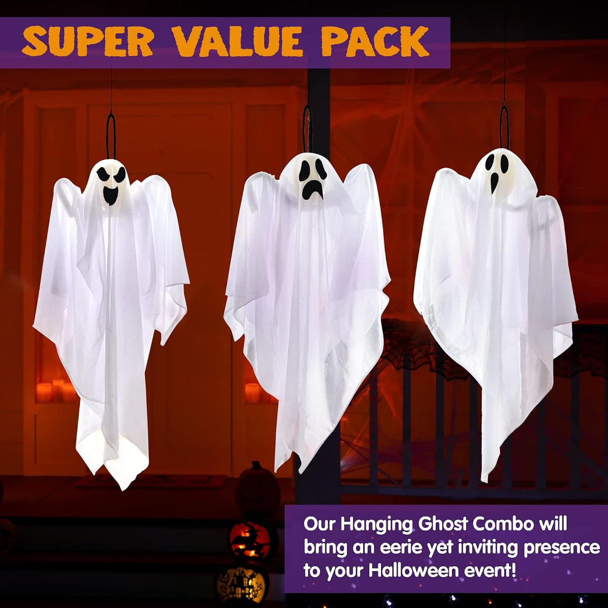 Hanging Ghost Halloween Decorations – 3pc Set, 27.5 Inch Flying Ghosts