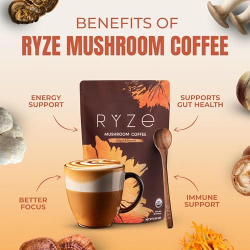 RYZE Mushroom Coffee Medium Roast | 30 Servings, 6 Adaptogenic Mushrooms, 48mg Caffeine