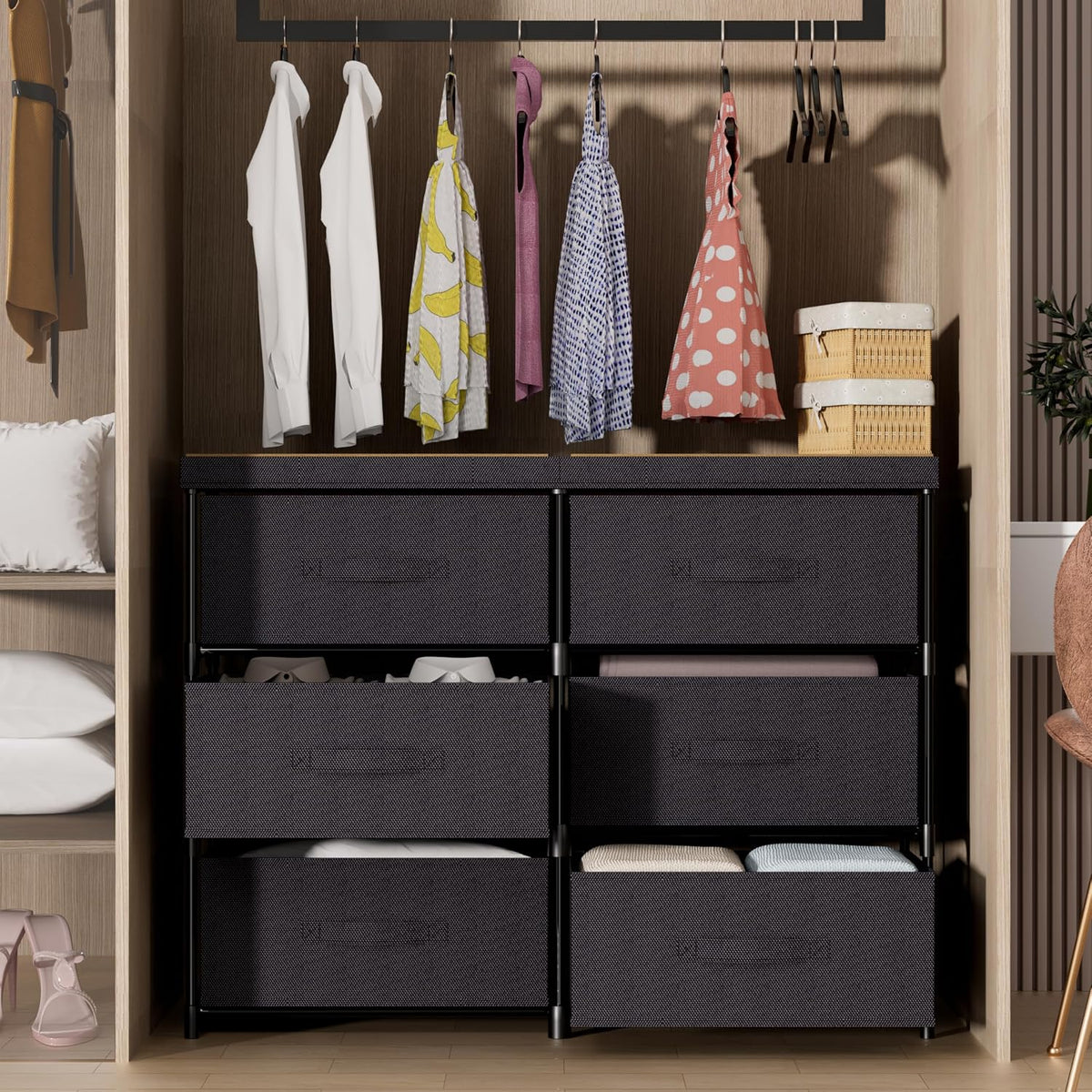 Fabric Drawer Dresser with Wood Top – Iron Frame Storage Organizer