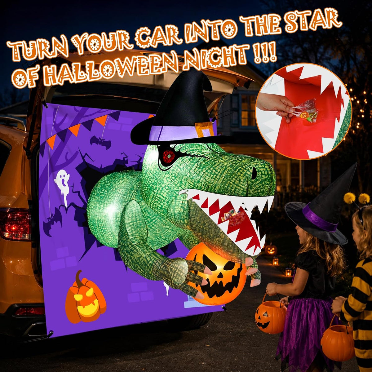 Halloween Inflatable Dinosaur 4FT | Trunk or Treat Car Decoration with Moving Mouth