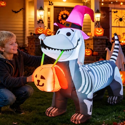 Halloween Inflatable Skeleton Puppy 5.5FT | Outdoor Yard Decoration with LED Lights