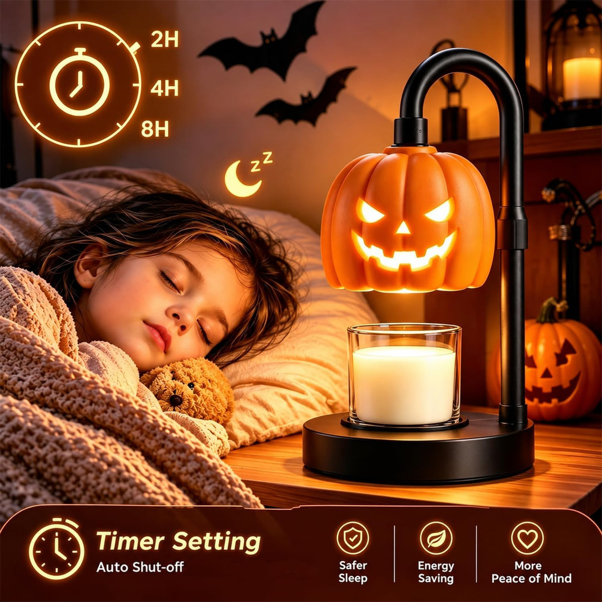 Pumpkin Candle Warmer Lamp with Timer & Dimmer – Gothic Halloween Decor