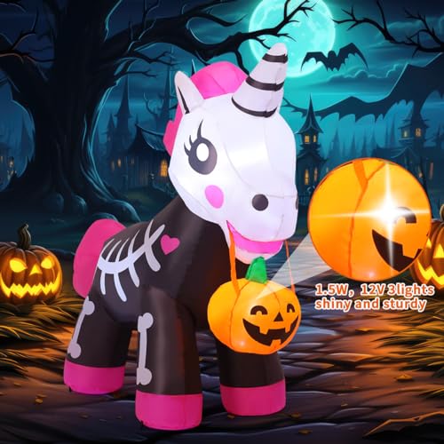 Halloween Inflatable Skeleton Unicorn 5FT | Pink Outdoor Yard Decoration with LED Lights