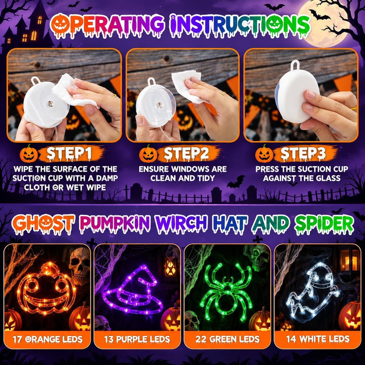 Halloween Window Lights 4 Pack | Pumpkin Ghost Spider Witch Hat with Timer