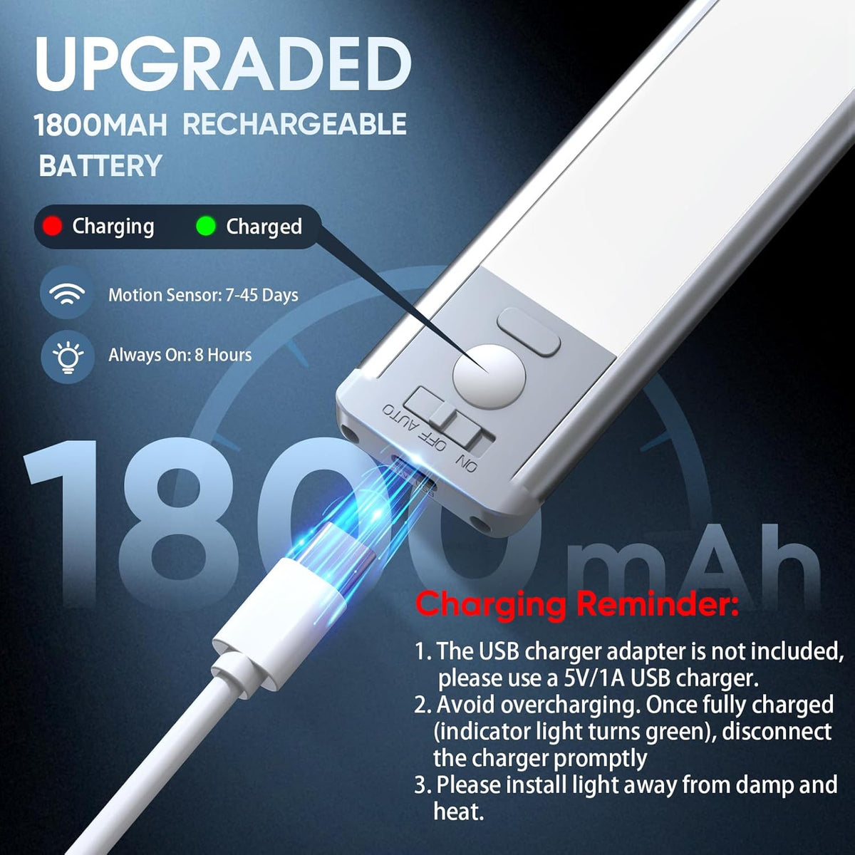 Motion Sensor Under Cabinet Light | Rechargeable Dimmable LED Closet Light