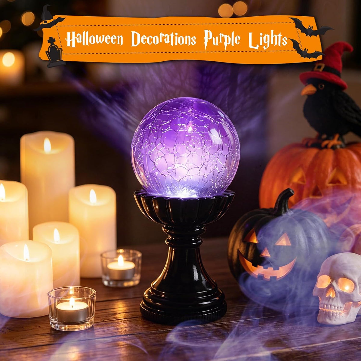 Halloween Crystal Ball Light | Purple LED Witch Decor Lamp for Indoor Decorations