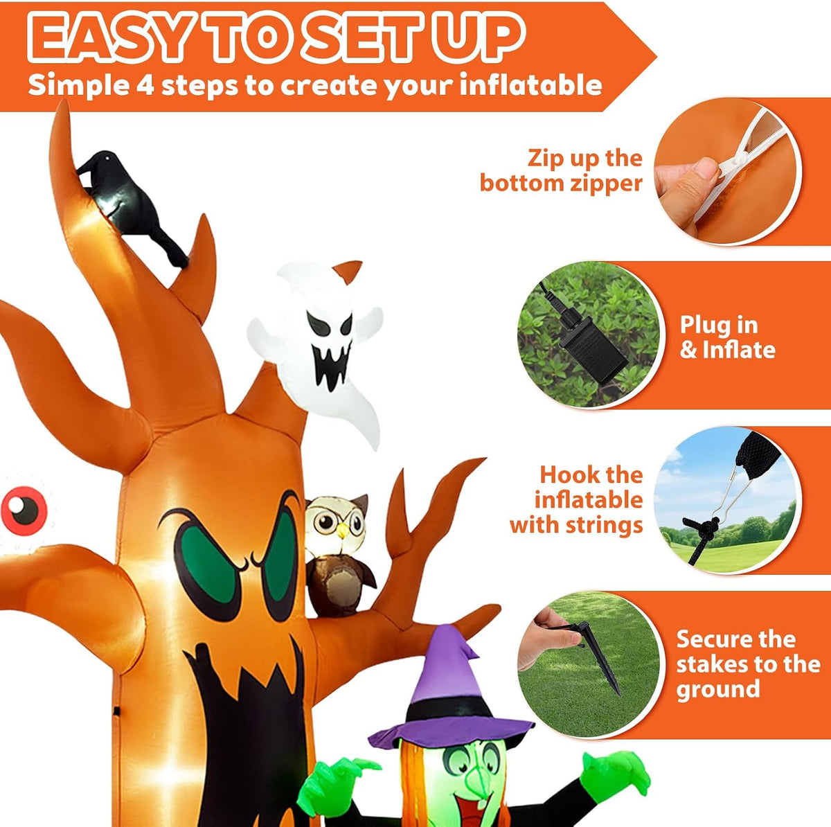 8FT Halloween Inflatable Dead Tree | Extra Wide 7FT Outdoor Yard Decoration with LED Lights