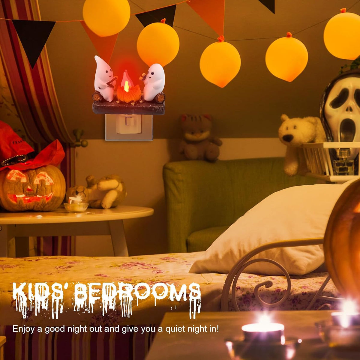 Ghost Campfire Night Light | Flickering Halloween Figurine Lamp, Plug-In