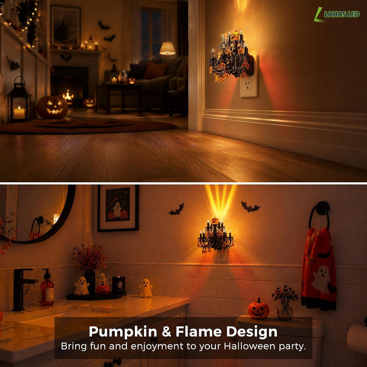Halloween Pumpkin Night Light | Plug In Flickering Flame Chandelier Light