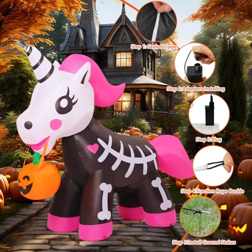 Halloween Inflatable Skeleton Unicorn 5FT | Pink Outdoor Yard Decoration with LED Lights