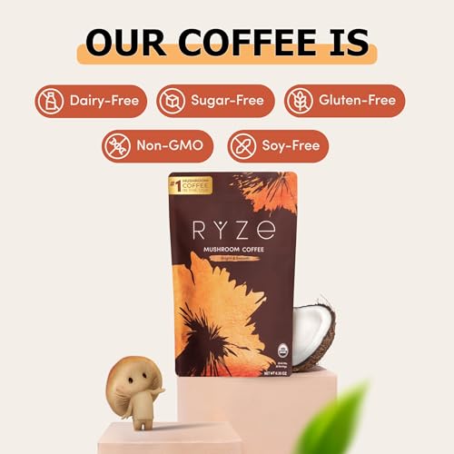 RYZE Mushroom Coffee Medium Roast | 30 Servings, 6 Adaptogenic Mushrooms, 48mg Caffeine