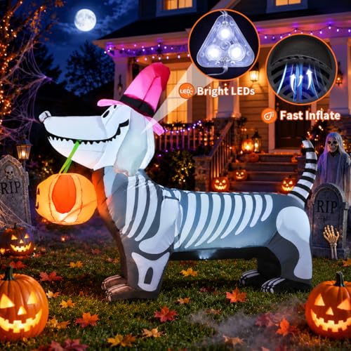 Halloween Inflatable Skeleton Puppy 5.5FT | Outdoor Yard Decoration with LED Lights