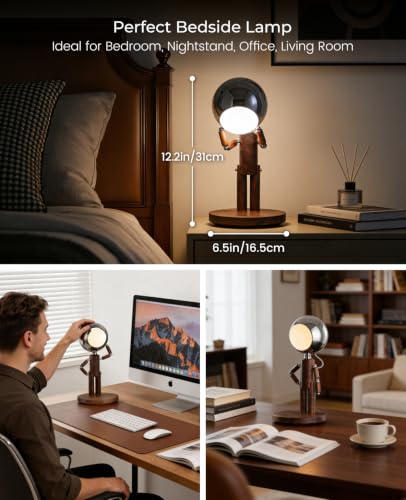 Cordless Moon Table Lamp | Rechargeable Wooden Desk Lamp, Dimmable 3 Color Temps