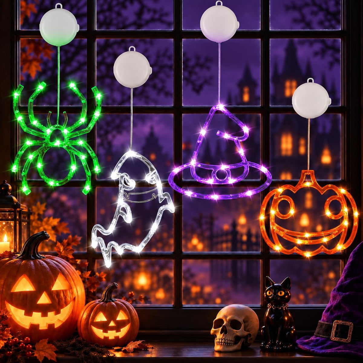 Halloween Window Lights 4 Pack | Pumpkin Ghost Spider Witch Hat with Timer