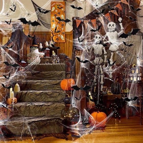Halloween Spider Web Decoration Set with Fake Bats & Spiders – 1600 sqft