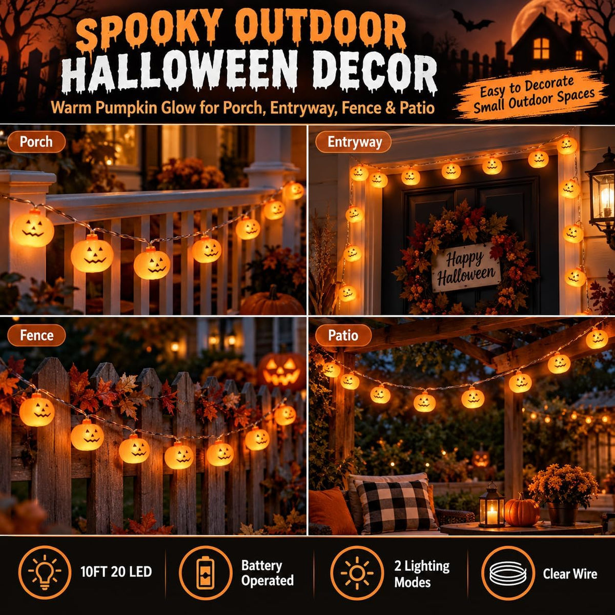 Halloween Pumpkin String Lights – 20 LED, 10FT, Battery Operated