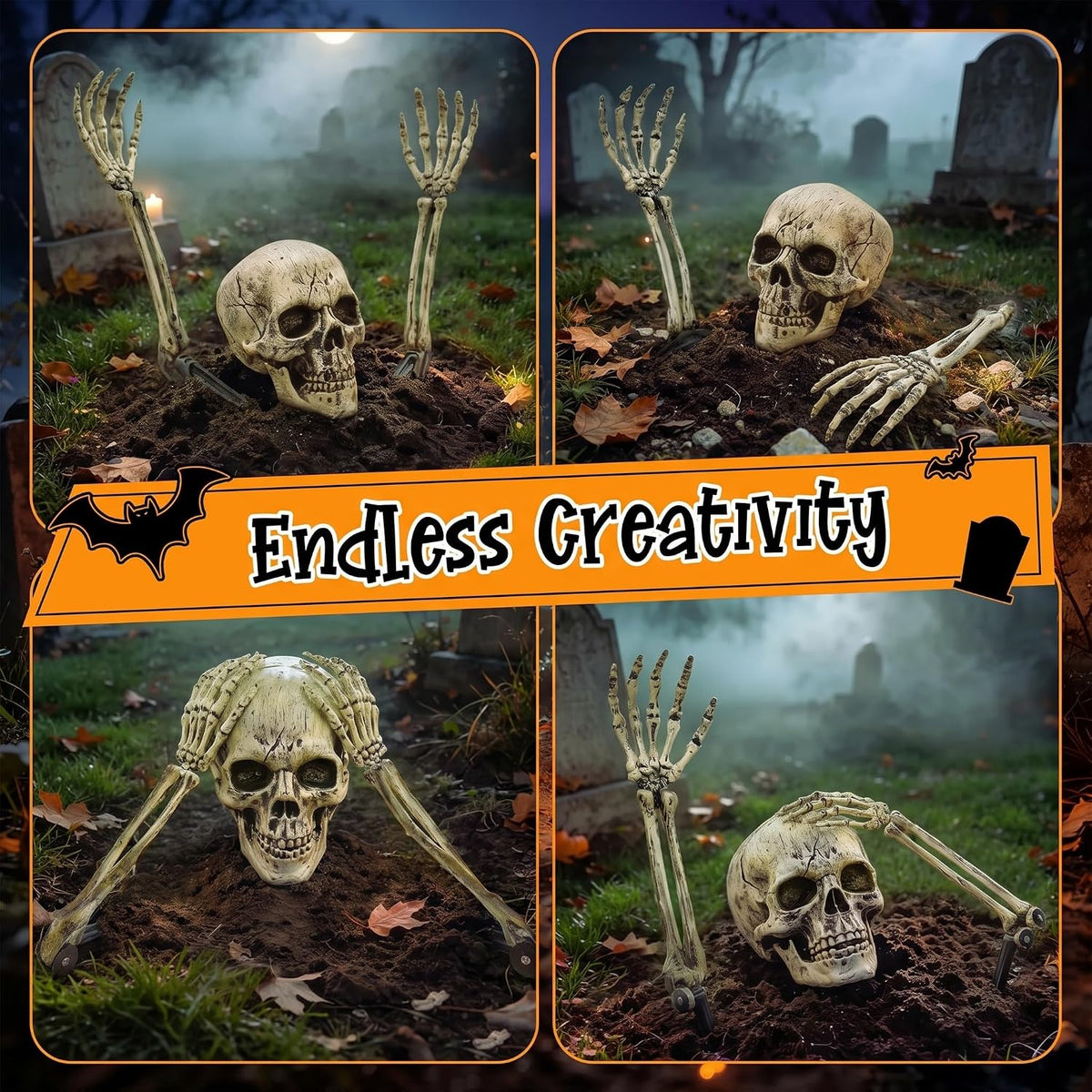 Light-Up Skeleton Yard Stakes – 5pc Set with Skull & Hands, 8 Lighting Modes