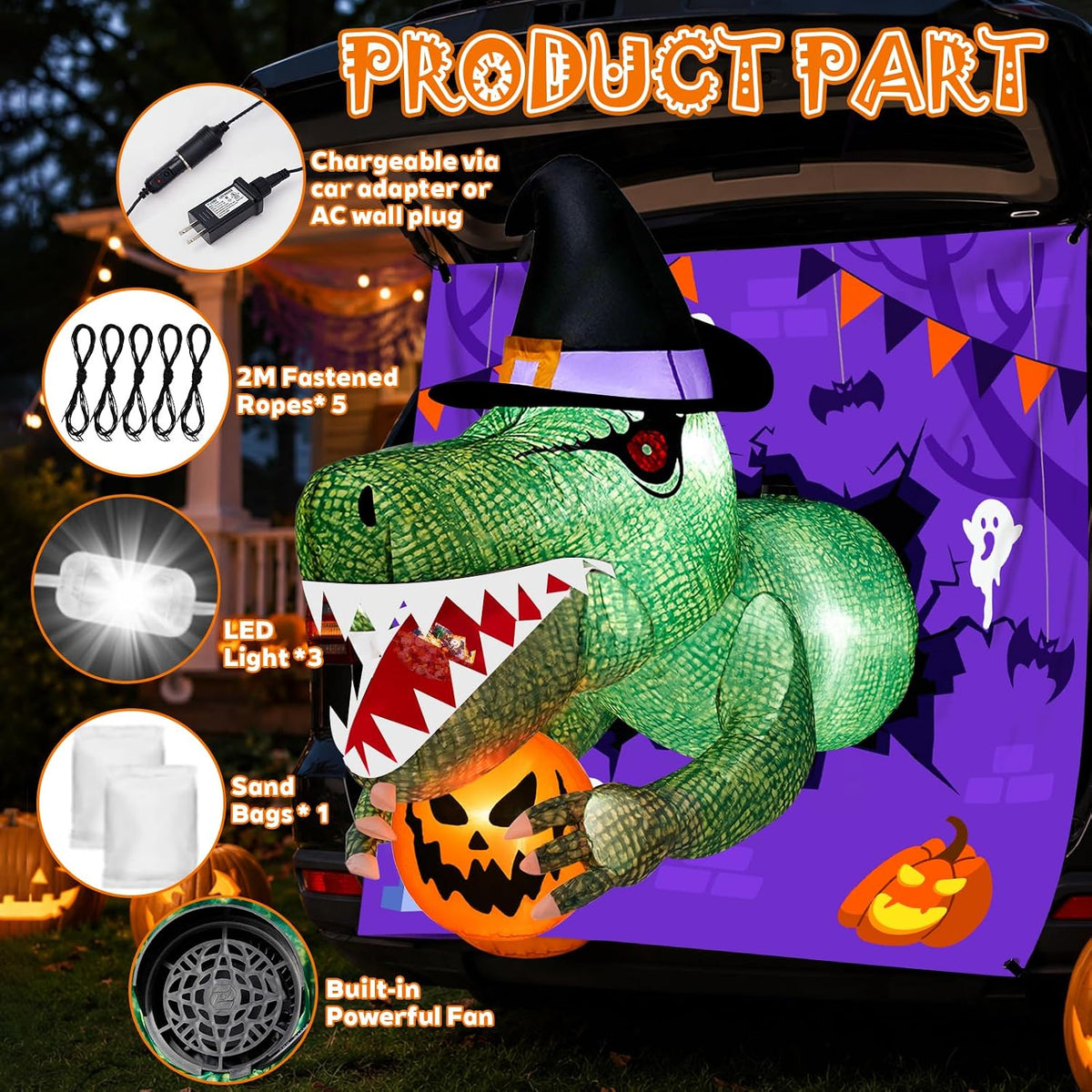 Halloween Inflatable Dinosaur 4FT | Trunk or Treat Car Decoration with Moving Mouth