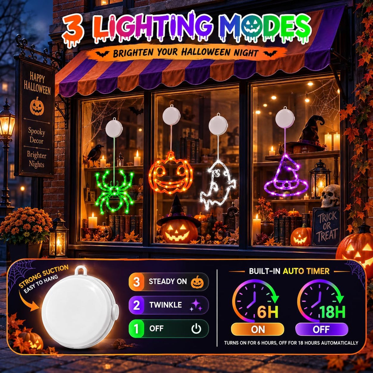 Halloween Window Lights 4 Pack | Pumpkin Ghost Spider Witch Hat with Timer