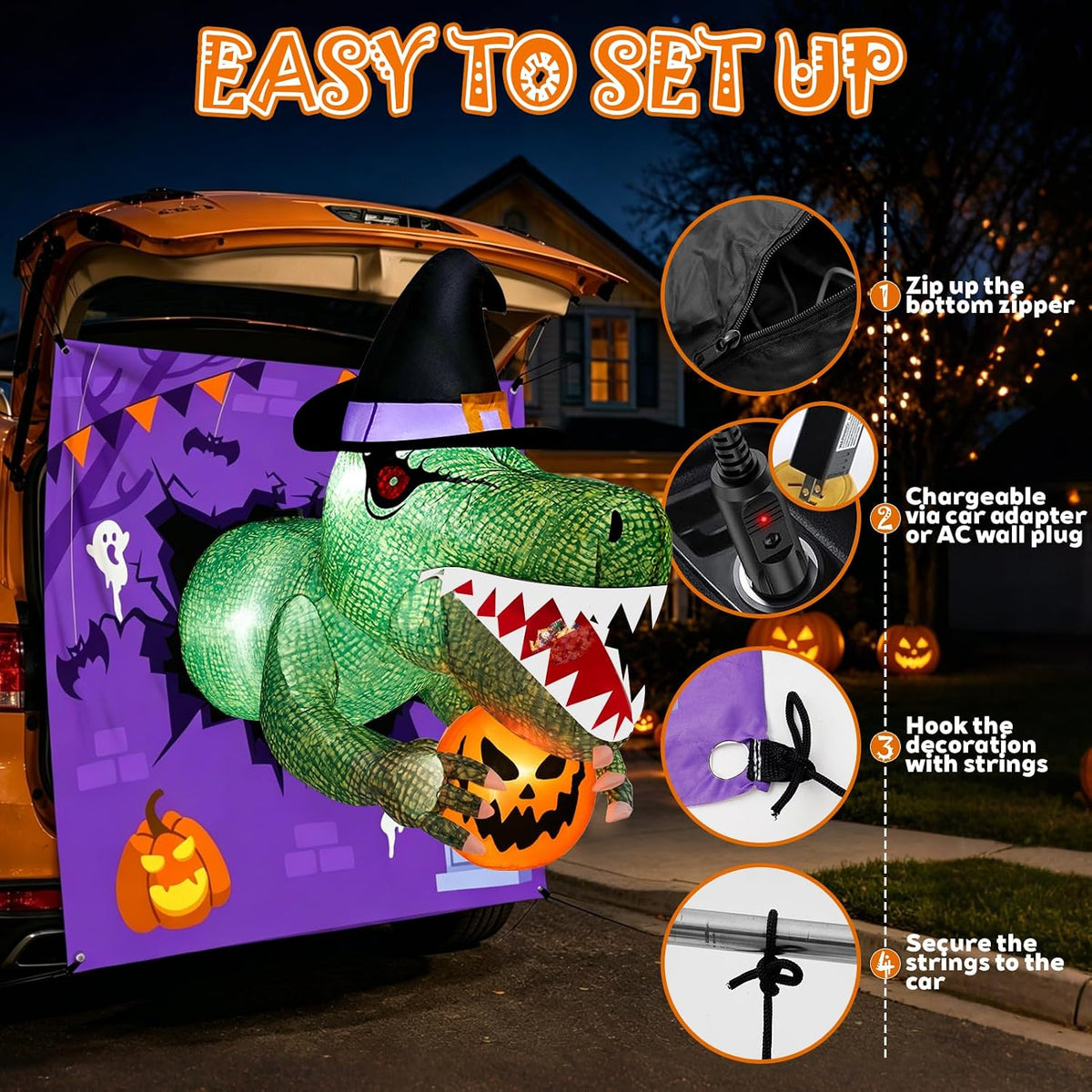 Halloween Inflatable Dinosaur 4FT | Trunk or Treat Car Decoration with Moving Mouth