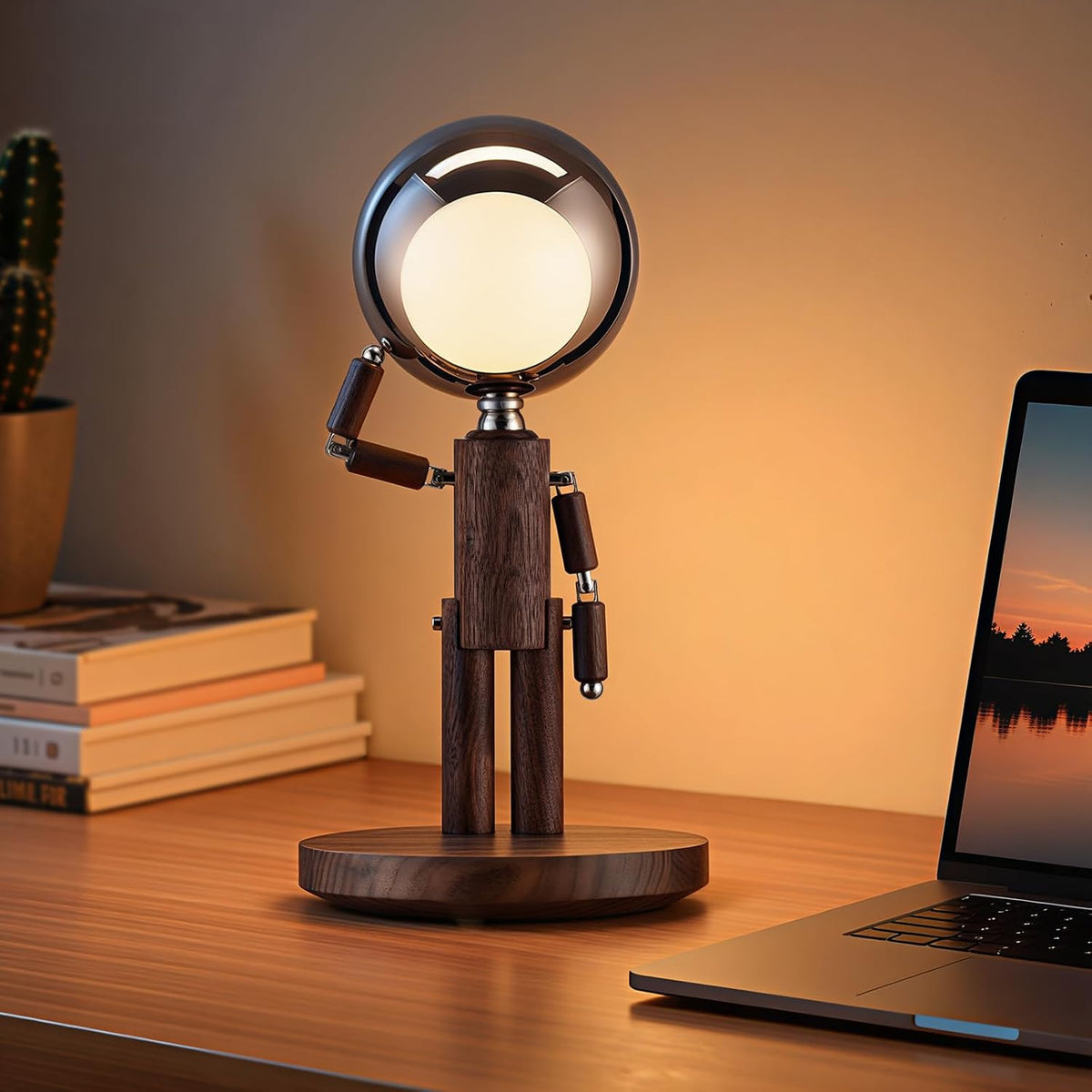 Cordless black walnut moon head table lamp