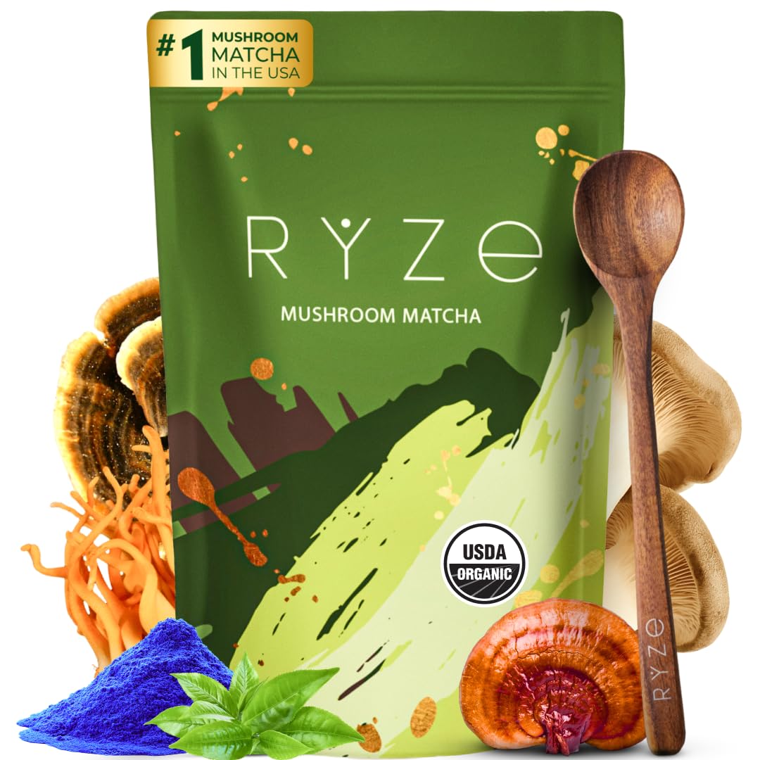 RYZE organic mushroom matcha 30 servings bag